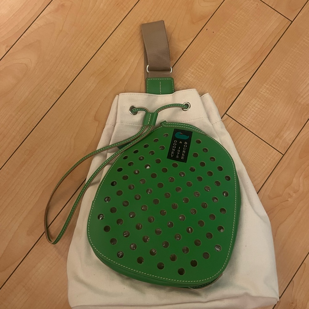 Dooney & Bourke Cream Canvas Drawstring Tote with Green Paddle Pocket - Picture 4 of 7